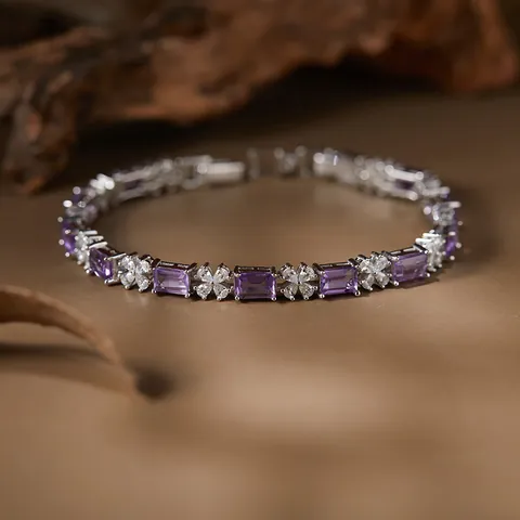 S925 Sterling Silver Natural Amethyst Bracelet For Women Rectangle Cut Purple Gemstone Rhinestone Flower Fine Jewelry Gift