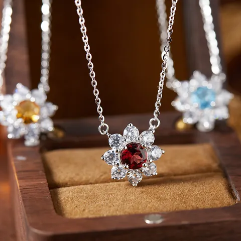 S925 Sterling Silver Natural Amethyst Citrine Garnet Topaz Peridot Flower Pendant Necklace For Women Rhinestone Floral Jewelry