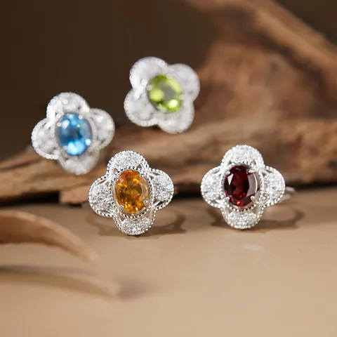 925 Sterling Silver Natural Gemstone Adjustable Ring For Women Vintage Clover Flower Citrine Garnet Topaz Peridot Ring