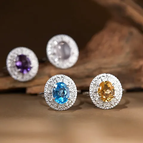 925 Sterling Silver Natural Crystal Ring For Women Retro Luxury Oval Topaz Amethyst Citrine Rhinestone Open Adjustable Ring Jewelry