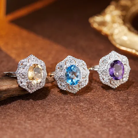 S925 Sterling Silver Natural Citrine Amethyst Topaz Ring For Women Vintage Hollow Lace Rhinestone Adjustable Finger Ring Jewelry