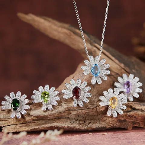 S925 Sterling Silver Daisy Flower Natural Gemstone Pendant Necklace Rhinestone Inlaid Citrine Amethyst Topaz Jewelry Women