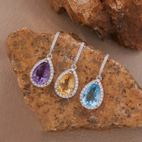 Natural Amethyst Citrine Topaz Teardrop Stud Earrings S925 Sterling Silver Rhinestone Inlaid Gemstone Earrings For Women Jewelry