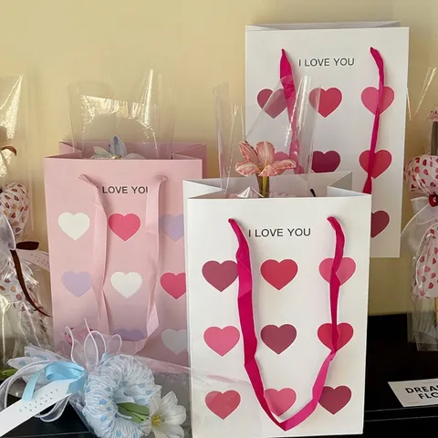 Heart Shape Paper Gift Bag With Satin Ribbon Handle Flower Packaging Bag For Valentine's Day Pink White Love Heart Handbag