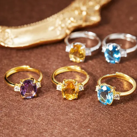 925 Sterling Silver Natural Gemstone Adjustable Open Ring Citrine Amethyst Swiss Blue Topaz Rhinestone Inlaid Jewelry For Women