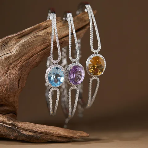 Natural Topaz Amethyst Citrine 925 Sterling Silver Bracelet For Women Elegant Halo Inlaid Gemstone Adjustable Bangle Jewelry