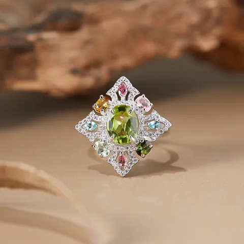 Vintage S925 Sterling Silver Natural Gemstone Adjustable Ring For Women Citrine Topaz Peridot Garnet Opal Rhinestone Jewelry