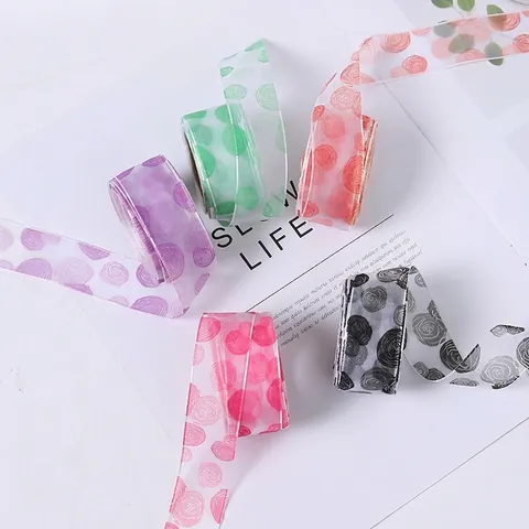 Rose Floral Print Sheer Organza Ribbon Freud Style Transparent Tulle Ribbon For Flower Bouquet Gift Wrapping DIY Craft Wedding Party Decoration