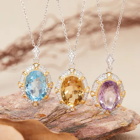 Vintage 925 Sterling Silver Natural Topaz Amethyst Citrine Pendant Necklace For Women Oval Gemstone Rhinestone Inlaid Necklace Jewelry