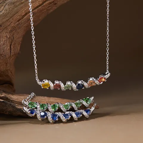 Collar de Puente de Arco Iris Trenzado de Plata de Ley 925 para Mujer Colgante de Barra de Sonrisa de Zafiro Natural Multicolor Tsavorita Joyería de Moda Regalo