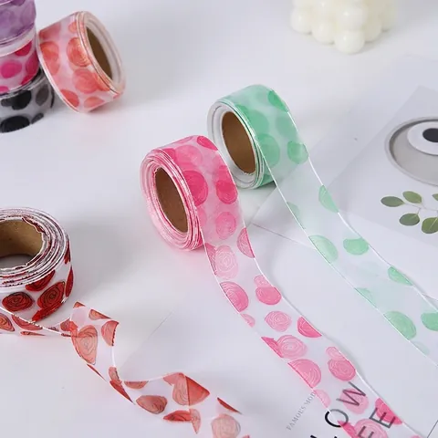 Rose Floral Print Sheer Organza Ribbon Freud Style Transparent Tulle Ribbon For Flower Bouquet Gift Wrapping DIY Craft Wedding Party Decoration