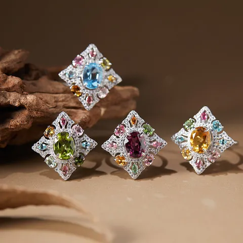 Vintage S925 Sterling Silver Natural Gemstone Adjustable Ring For Women Citrine Topaz Peridot Garnet Opal Rhinestone Jewelry
