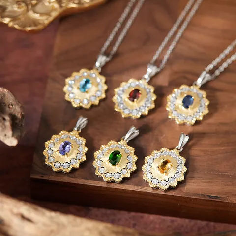 Vintage Natural Topaz Tanzanite Sapphire Gemstone Flower Pendant Necklace For Women 925 Sterling Silver Gold Plated Jewelry