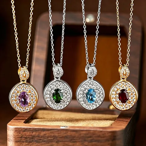 925 Sterling Silver Natural Gemstone Pendant Necklace Amethyst Citrine Topaz Garnet Diopside Rhinestone Jewelry For Women