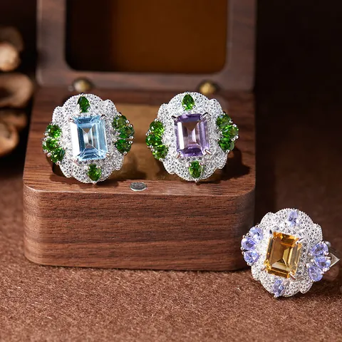 Vintage Palace Style 925 Sterling Silver Ring For Women Natural Citrine Amethyst Topaz Gemstone Inlaid Adjustable Luxury Jewelry