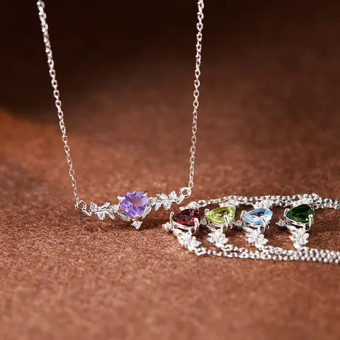 925 Sterling Silver Leaf Natural Gemstone Pendant Necklace Heart Cut Citrine Amethyst Garnet Peridot Diopside Jewelry For Women