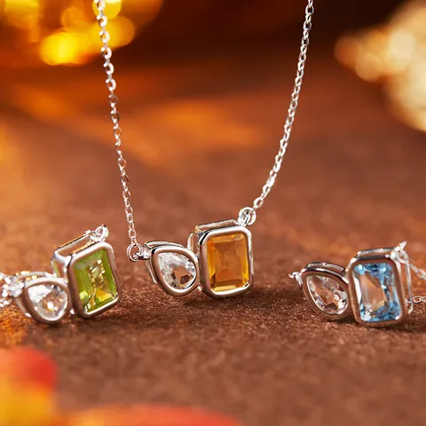 925 Sterling Silver Natural Topaz Amethyst Citrine Double Gemstone Necklace For Women Geometric Water Drop Clavicle Chain Jewelry