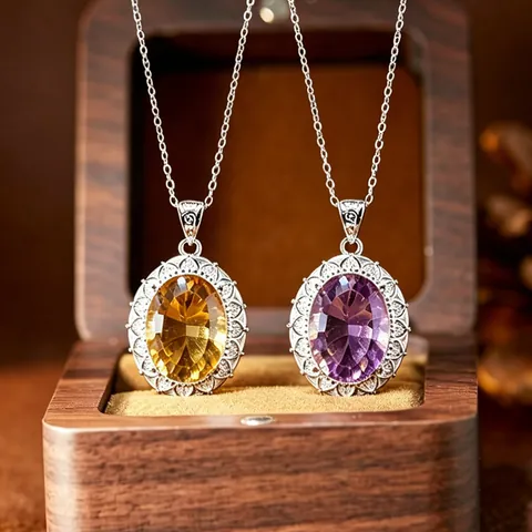 Millennium Cut Natural Citrine Amethyst Ring S925 Sterling Silver Vintage Floral Adjustable Open Ring Pendant Necklace Set For Women