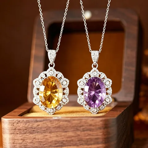 French Vintage S925 Sterling Silver Natural Amethyst Citrine Pendant Necklace Millennium Cut Rhinestone Halo Jewelry Gift For Women