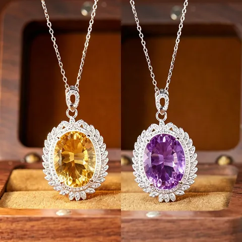 Natural Amethyst Citrine Pendant Necklace 925 Sterling Silver Rhinestone Floral Jewelry For Women Vintage Clavicle Chain