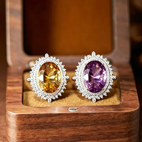 925 Sterling Silver Natural Amethyst Citrine Jewelry Set Large Carat Millennium Cut Oval Gemstone Ring Necklace For Women