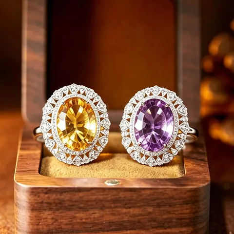 Millennium Cut Natural Amethyst Citrine Pendant Necklace Ring 925 Sterling Silver Retro Palace Style Jewelry Women