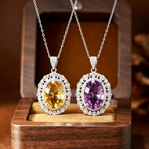 Millennium Cut Natural Amethyst Citrine Pendant Necklace Ring 925 Sterling Silver Retro Palace Style Jewelry Women