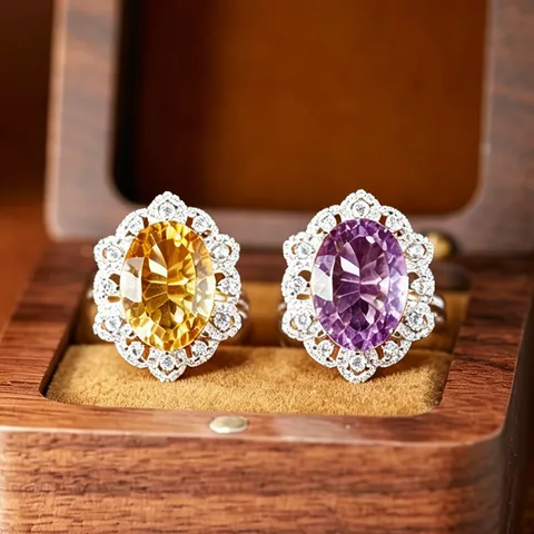 French Vintage S925 Sterling Silver Natural Amethyst Citrine Pendant Necklace Millennium Cut Rhinestone Halo Jewelry Gift For Women