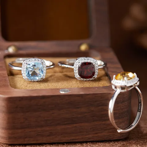 S925 Sterling Silver Cushion Cut Natural Crystal Halo Ring Necklace Earrings For Women Amethyst Topaz Garnet Vintage Luxury Jewelry