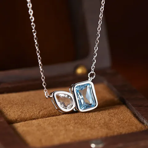 925 Sterling Silver Natural Topaz Amethyst Citrine Double Gemstone Necklace For Women Geometric Water Drop Clavicle Chain Jewelry