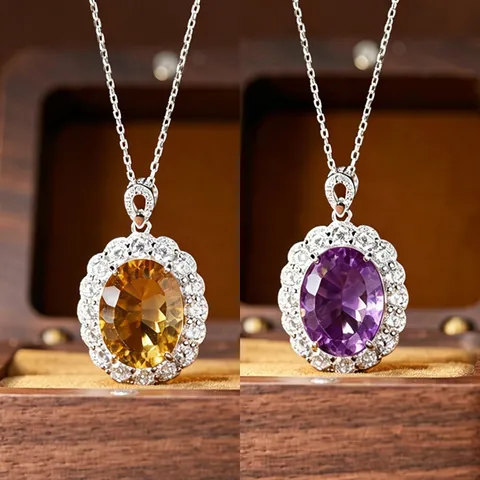 Natural Citrine Amethyst Necklace Pendant Ring 925 Sterling Silver Millennium Cut Gemstone Rhinestone Flower Jewelry For Women