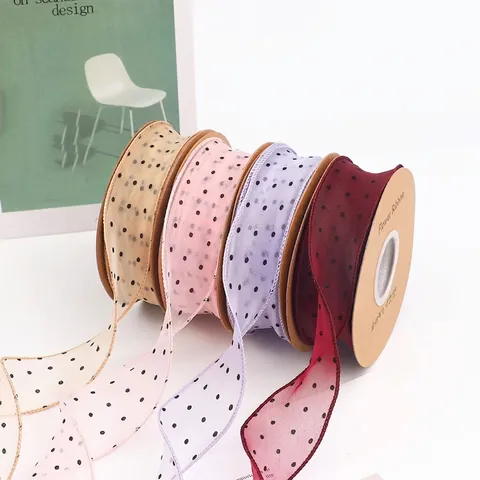 Polka Dot Gold Rim Fishtail Mesh Ribbon For Flower Packaging DIY Bow Cake Decoration Polyester Floral Daisy Pleated Ribbon