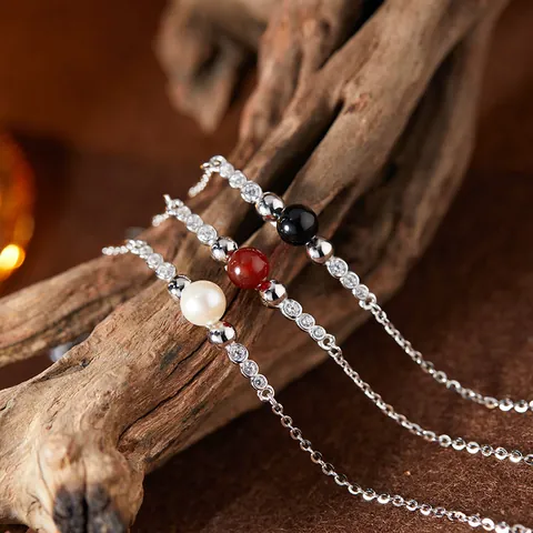 S925 Sterling Silver Smile Jewelry Set For Women Natural Freshwater Pearl Red Black Agate Inlaid Rhinestone Necklace Earrings Ring