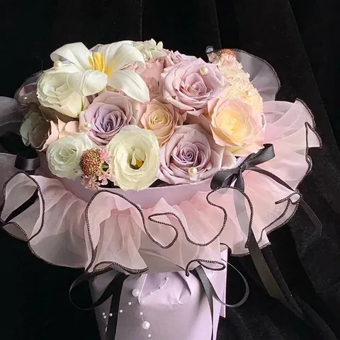 Ballet Style Flower Bouquet Ruffled Tulle Puff Edging Florist Skirt Wave Ribbon Wedding Party Flower Packaging Materials Decor