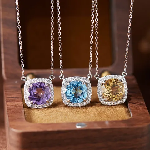 S925 Sterling Silver Cushion Cut Natural Crystal Halo Ring Necklace Earrings For Women Amethyst Topaz Garnet Vintage Luxury Jewelry
