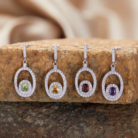 Natural Gemstone S925 Sterling Silver Stud Earrings For Women Amethyst Citrine Garnet Sapphire Pendant Necklace Jewelry