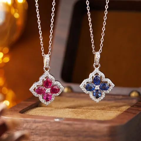 925 Sterling Silver Four Leaf Clover Pendant Necklace Stud Earrings For Women Natural Sapphire Ruby Rhinestone Jewelry