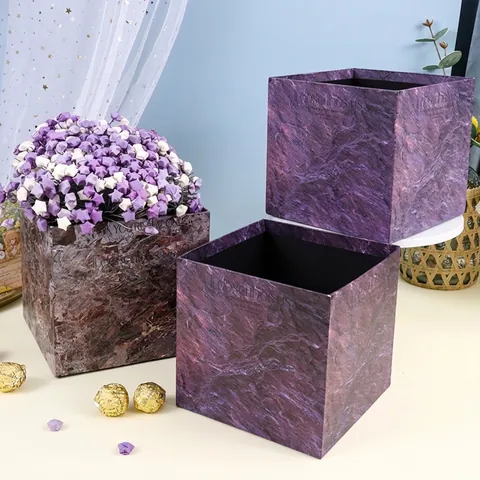 Set Of Two Marble Texture Flower Gift Boxes Square Round Flower Buckets For Roses Floral Arrangement Purple Stone Pattern Boxes