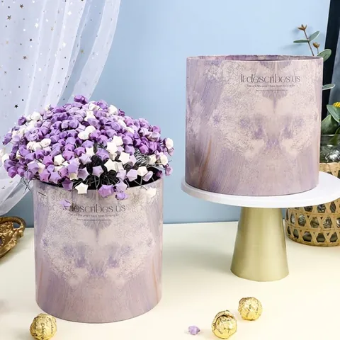 Set Of Two Marble Texture Flower Gift Boxes Square Round Flower Buckets For Roses Floral Arrangement Purple Stone Pattern Boxes