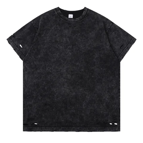 Camiseta de Algodón Pesado American Vintage para Hombre Lavado al Ácido Desgastada Rota Manga Corta Ajuste Holgado Streetwear Top