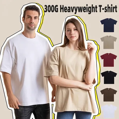 Camiseta de Algodón de Peso Pesado Unisex Ajuste Holgado Cuello Redondo Manga Corta Top Talla EE UU Color Sólido Casual Tee Para Hombres Mujeres