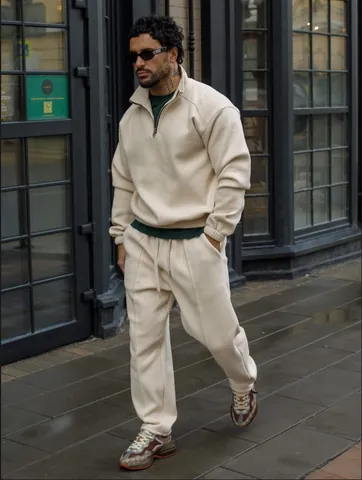 Men Casual Ribbed Knit Tracksuit Top And Bottom Stand Collar Half Zip Sweatshirt And Jogger Pants Polyester Warm Autumn Winter Outfit