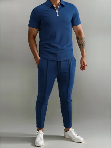 Men Casual Pique Polyester Polo Shirt And Pants Set Short Sleeve Zip Neck Top And Long Trousers Breathable Sports Tracksuit