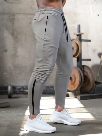 Men Fitness Sports Sweatpants Cotton Blend Elastic Drawstring Waist Joggers With Zipper Pockets Slim Fit Workout Training Pants