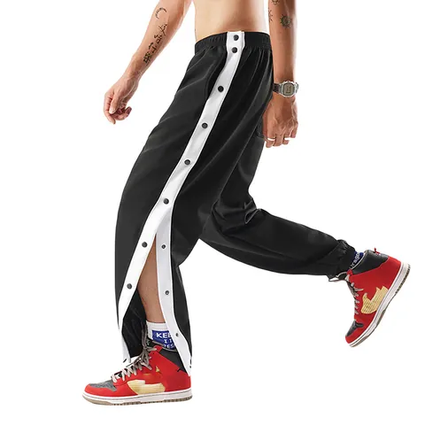Men Side Snap Button Tear Away Sports Pants Quick Dry Polyester Bottom Breathable Contrast Stripe Joggers For Basketball Running Casual