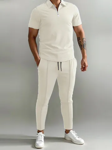 Men Casual Pique Polyester Polo Shirt And Pants Set Short Sleeve Zip Neck Top And Long Trousers Breathable Sports Tracksuit