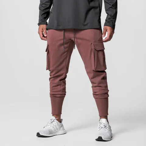 Men's European Size Multi-Pocket Cargo Joggers Slim Fit Cotton Blend Fitness Sports Pants Cuffed Hem Drawstring Bottom