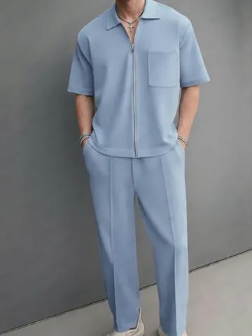 Men Casual 2-Piece Set Solid Color Lapel Short Sleeve Zipper Shirt and Long Trousers Polyester Comfortable Daily Suit