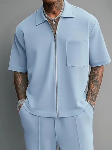Men Casual 2-Piece Set Solid Color Lapel Short Sleeve Zipper Shirt and Long Trousers Polyester Comfortable Daily Suit