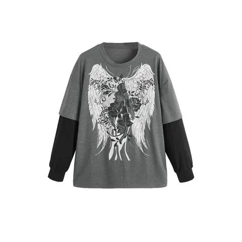 Women's Oversized False Two-Piece Long Sleeve T-Shirt Streetwear Hip Hop Gothic Wing Rose Printed Casual Round Neck Top
